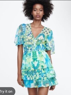 Zara Blue-Green Floral V-Neck Mini Dress